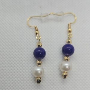 Gold and Blue-Purple And Pearl Beaded Earrings